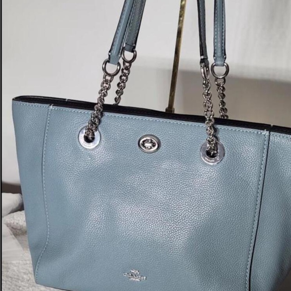 Coach Blue Leather Tote with Silver Chain Handles